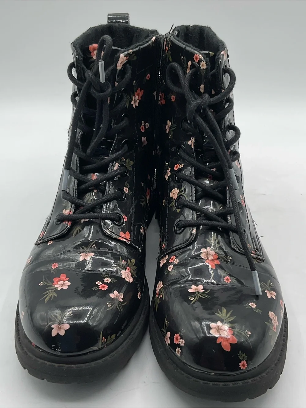 H&M Floral Patent Combat Boots Size 4 Black Lace Up Side Zip